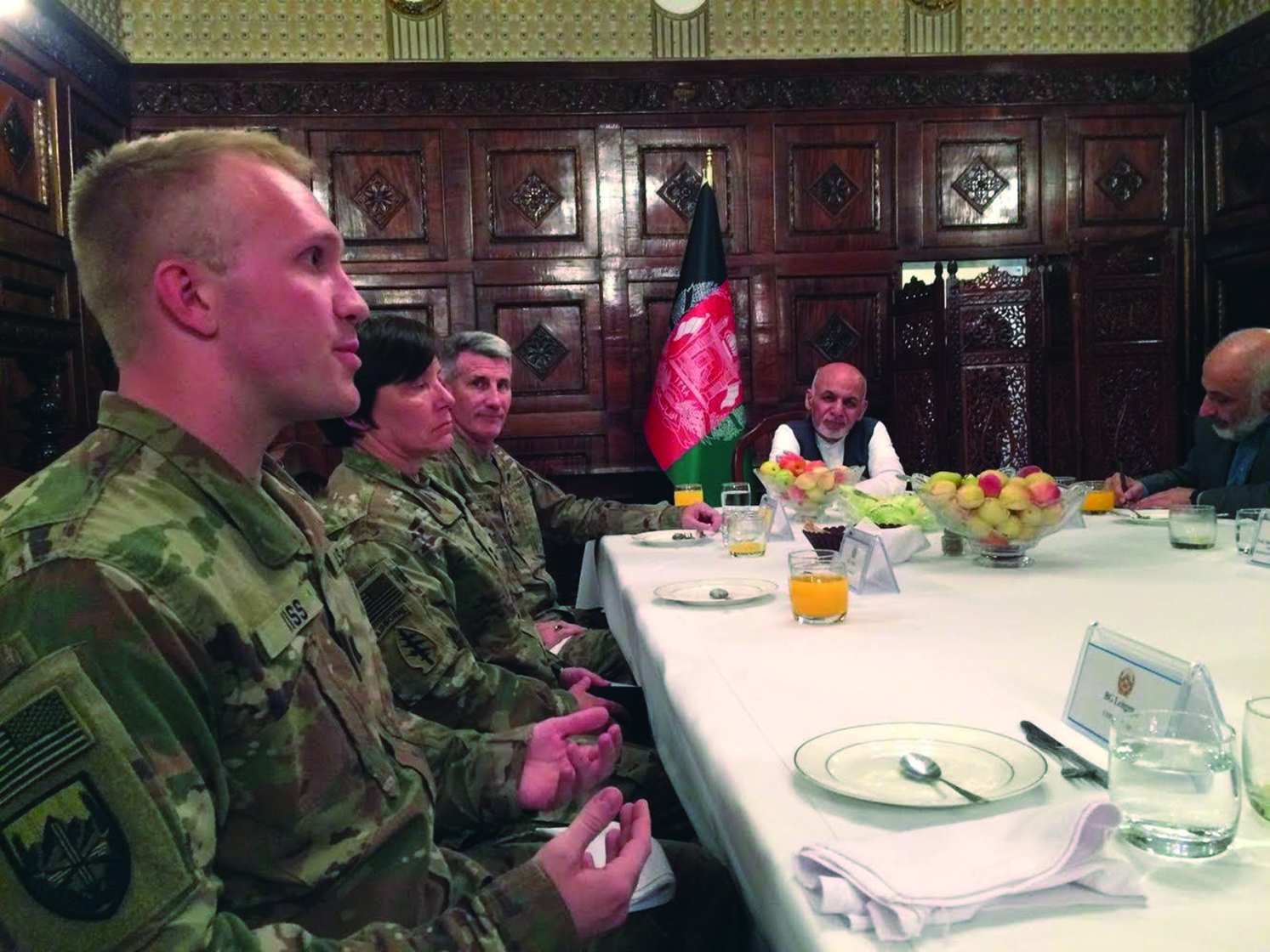 CPT Nandor Kiss presenting CSTC-A’s legislative proposal to President Ashraf Ghani and members of
        his cabinet, alongside GEN John Nicholson, Commander USFOR-A/NATO RS, and MG Robin Fontes,
        Commander CSTC-A. (Photo courtesy of CPT Kiss)